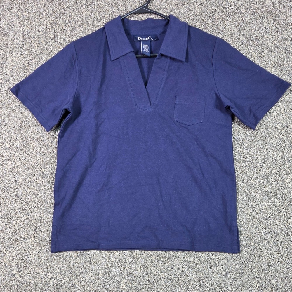 Denim‎ & Co Polo Shirt Womens Small Navy Blue Short Sleeve V-Neck Pocket Top